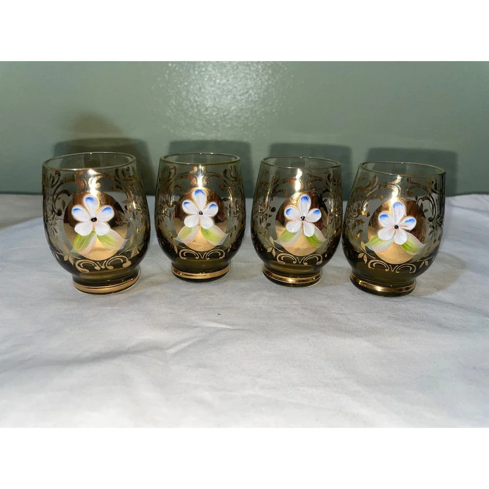 Vintage Amber Gold Encrusted Glass Decanter Set Hand Painted Floral 5pc